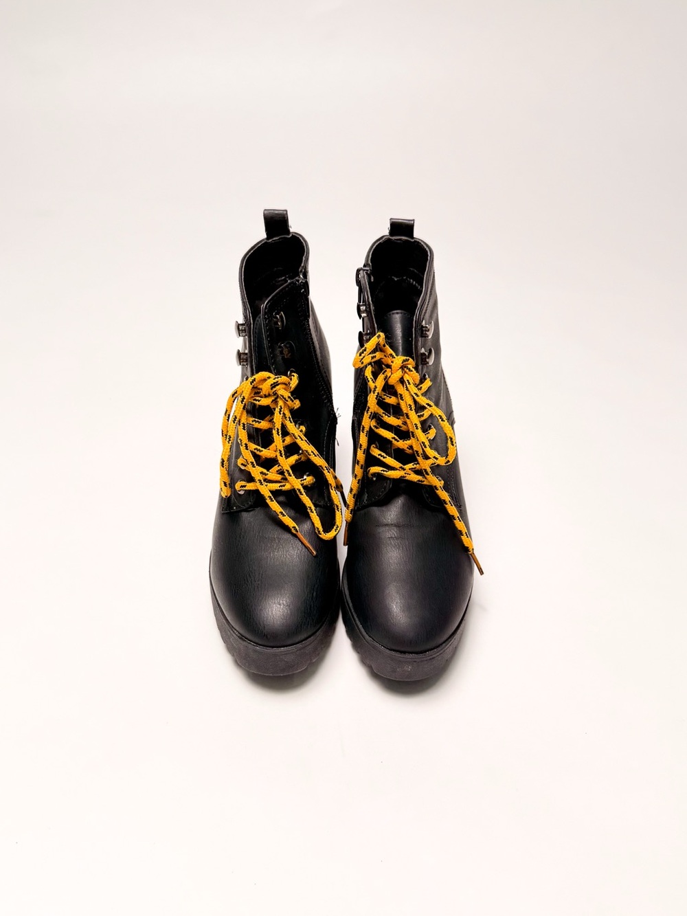 Seven7 Flatiron Black Lug Sole Platform Combat Boots Yellow Laces